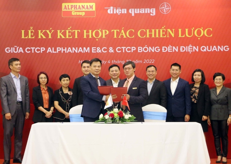 Backdrop lễ k&yacute; kết Alphanam E&C v&agrave; Cty Điện Quang