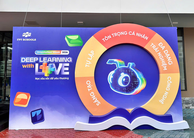 H&igrave;nh ảnh thực tế sau thi c&ocirc;ng backdrop Orientation Week 2026 tại FPT