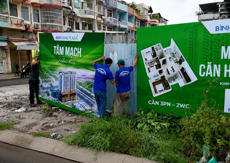 Đội thợ thi công lắp ráp hàng rào vào khung