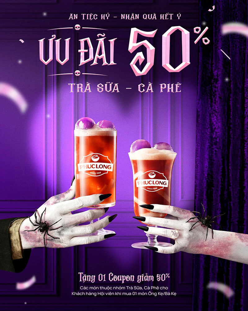 Poster Halloween ưu đ&atilde;i tr&agrave; sữa cafe