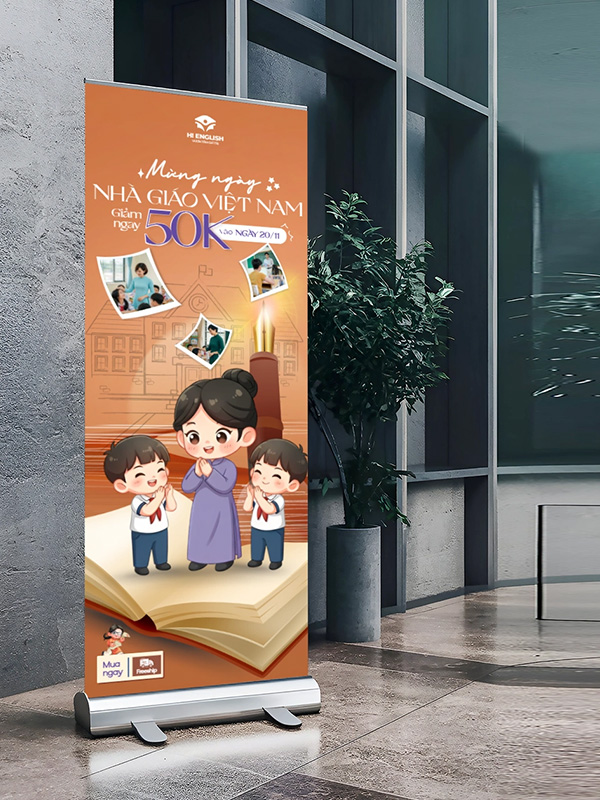 Standee 20/11 giảm gi&aacute; Hi English
