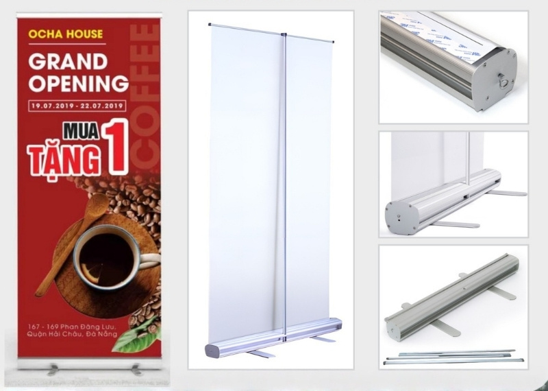 Standee cuốn nh&ocirc;m khai trương