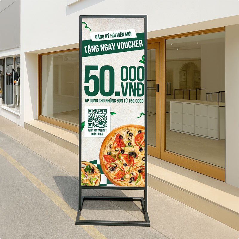Standee khung sắt tặng voucher đồ ăn